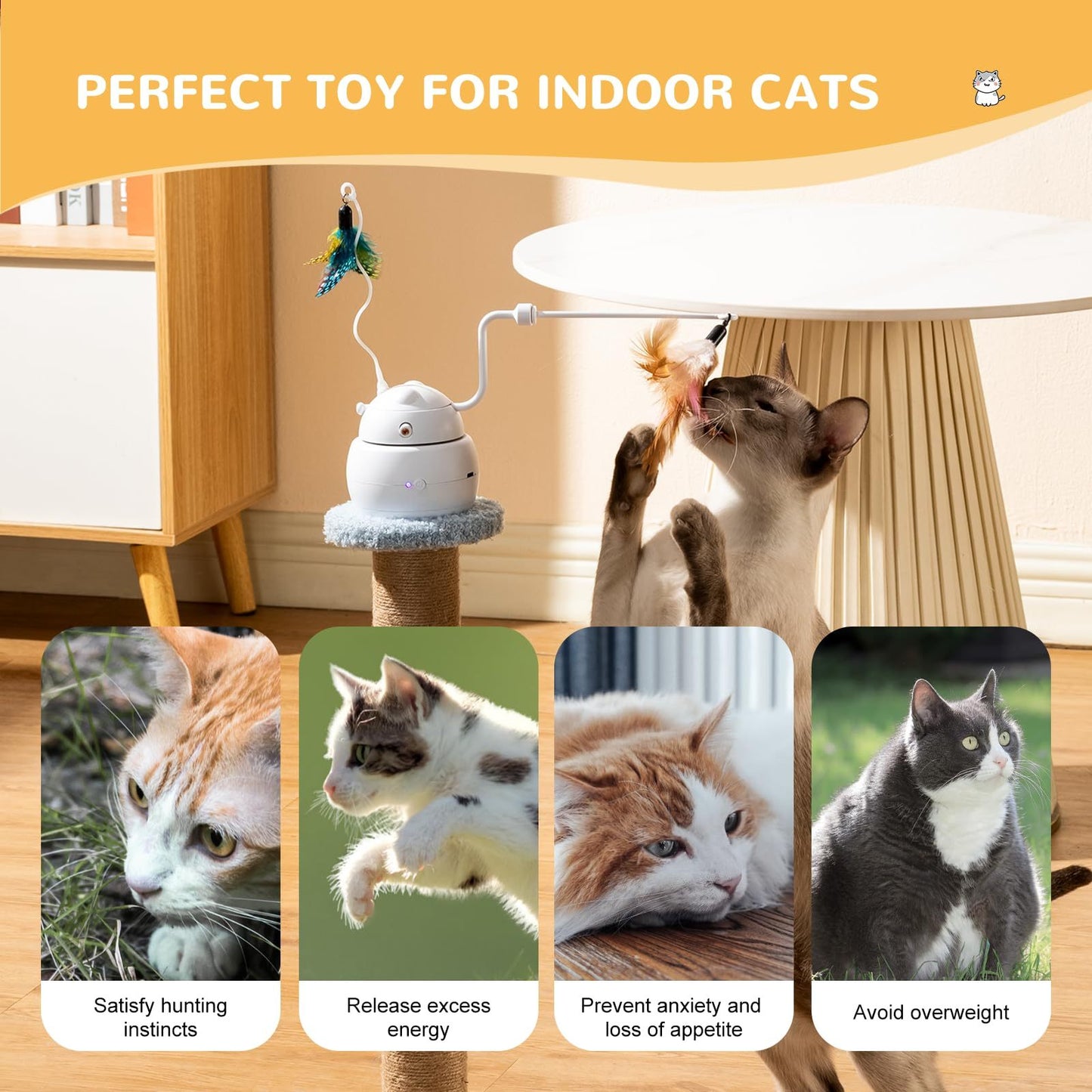 Automatic Interactive Cat Toy, 4-in-1 Rechargeable Cat Laser Toy, Indoor Laser Toy, 2 Feathers And Lid, Hide And Seek Cat Toy