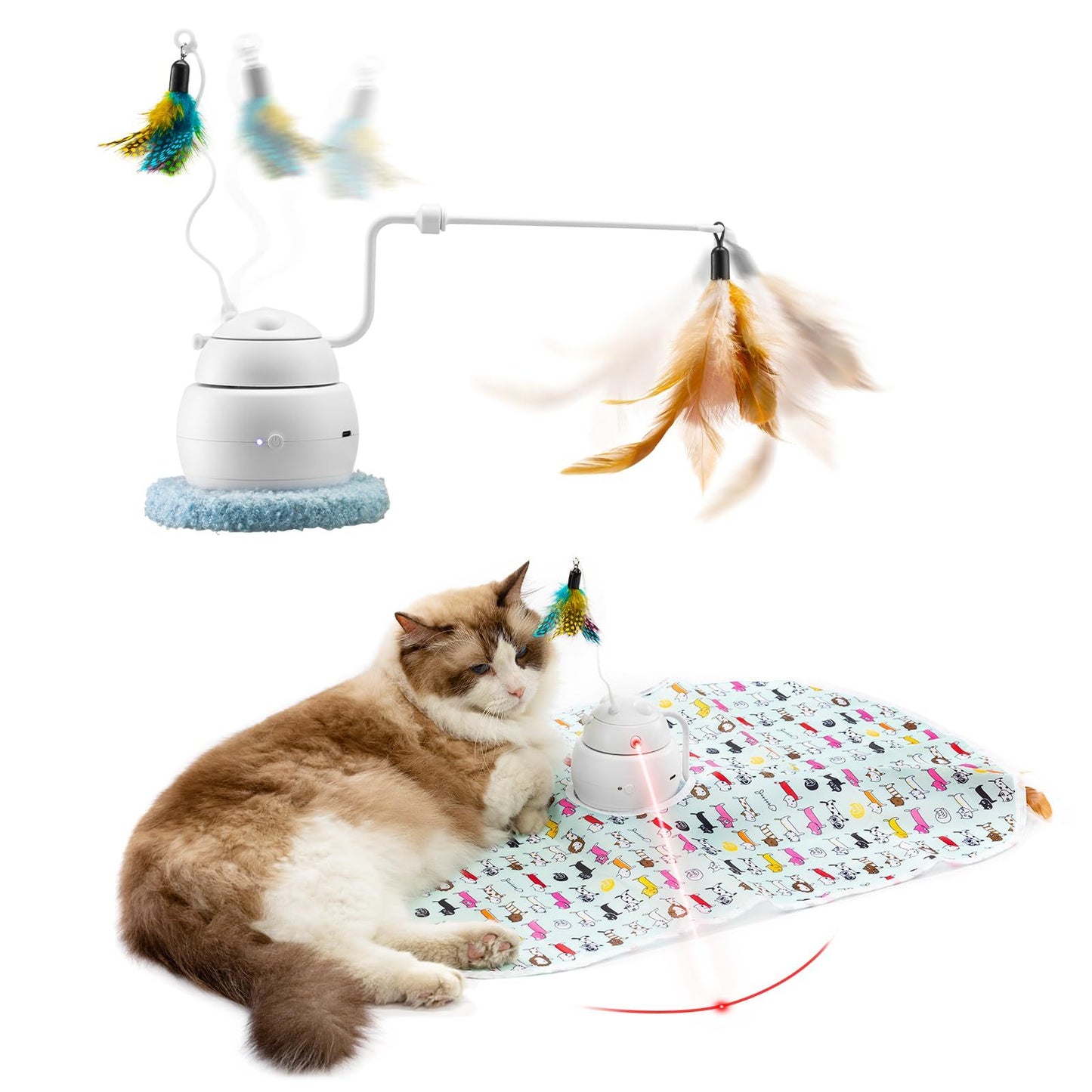 Automatic Interactive Cat Toy, 4-in-1 Rechargeable Cat Laser Toy, Indoor Laser Toy, 2 Feathers And Lid, Hide And Seek Cat Toy