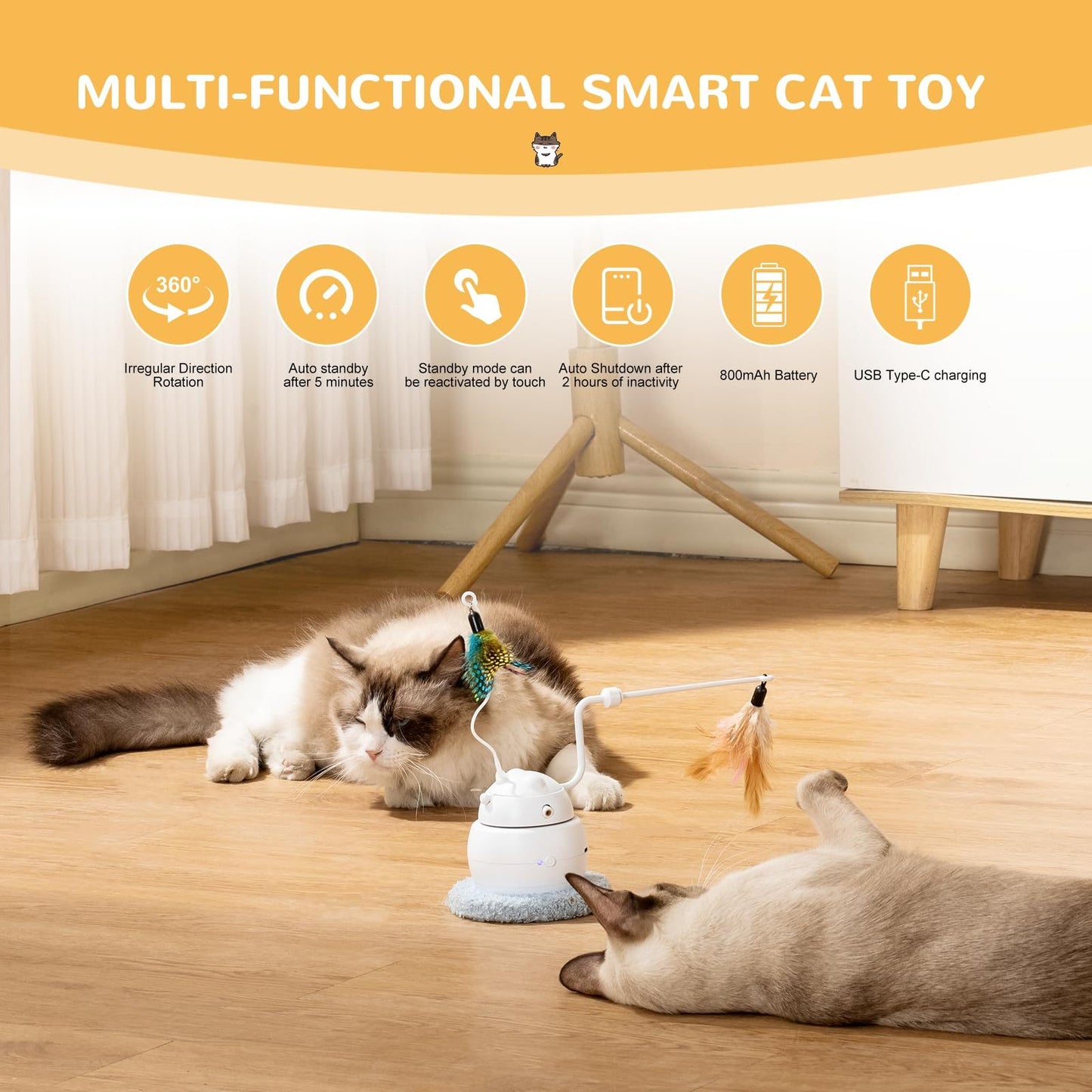 Automatic Interactive Cat Toy, 4-in-1 Rechargeable Cat Laser Toy, Indoor Laser Toy, 2 Feathers And Lid, Hide And Seek Cat Toy